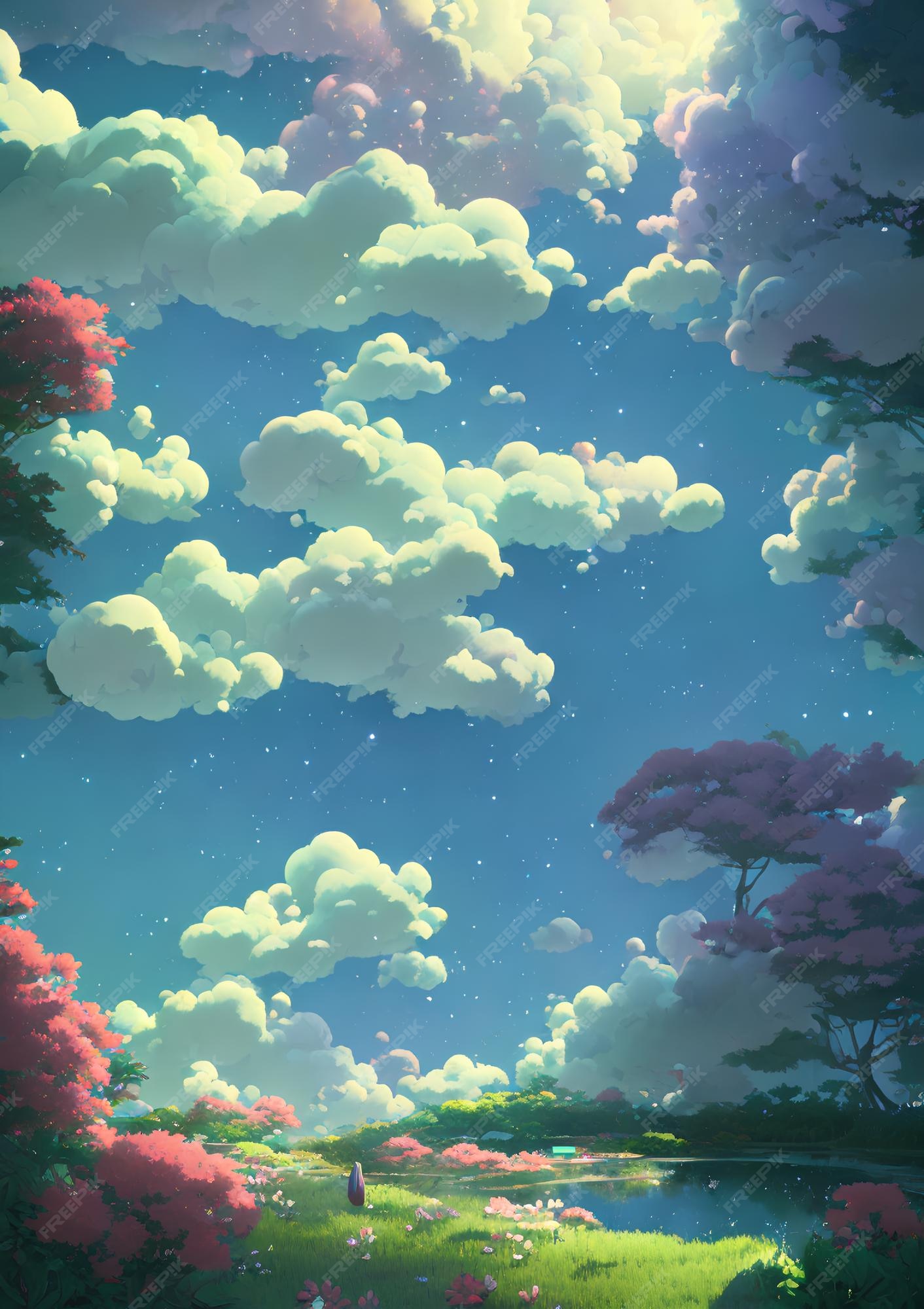 Paisagem natural do anime com céu brilhante e cores suculentas