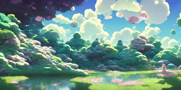 Paisagem natural do anime com céu brilhante e cores suculentas