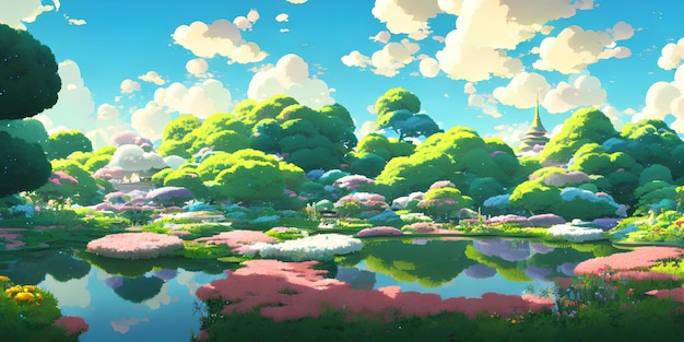 Paisagem natural do anime com céu brilhante e cores suculentas