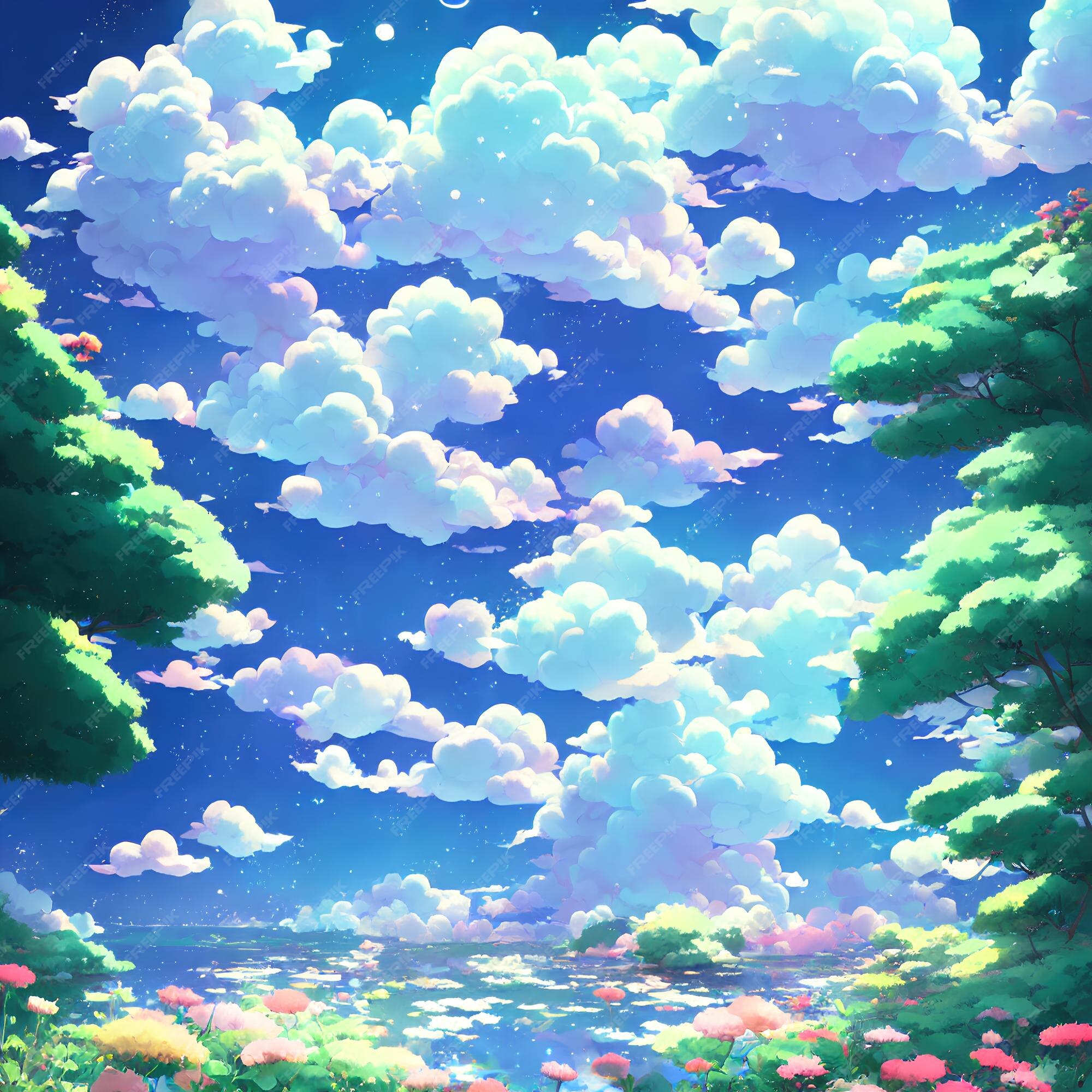 Paisagem natural do anime com céu brilhante e cores suculentas