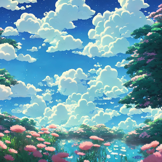 Paisagem natural do anime com céu brilhante e cores suculentas