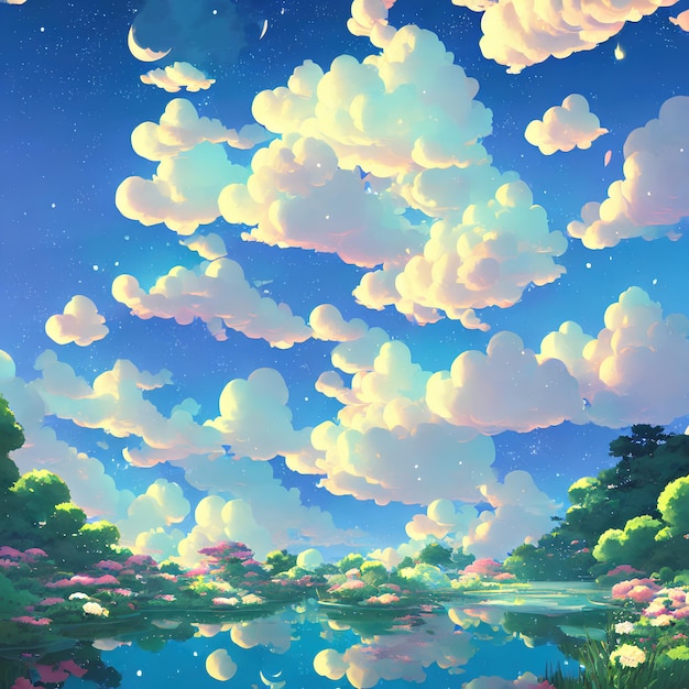 Paisagem natural do anime com céu brilhante e cores suculentas