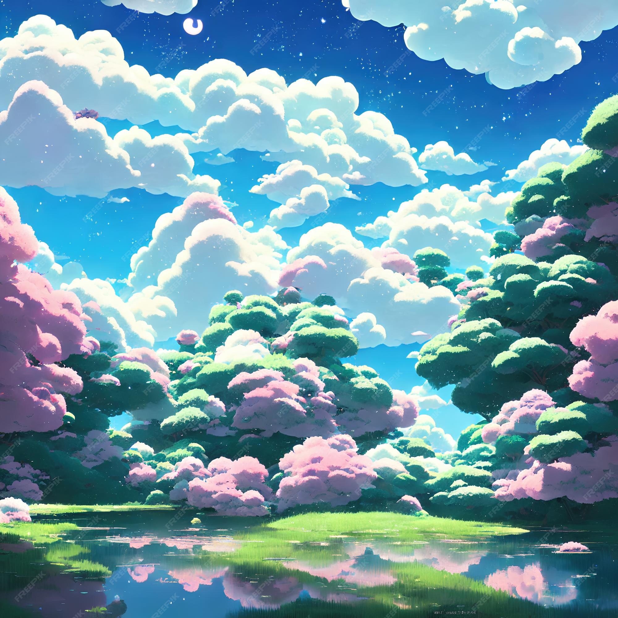 Paisagem natural do anime com céu brilhante e cores suculentas