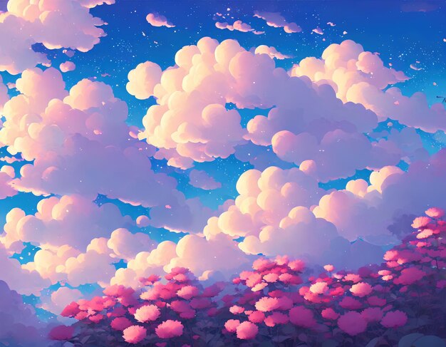 Paisagem natural do anime com céu brilhante e cores suculentas