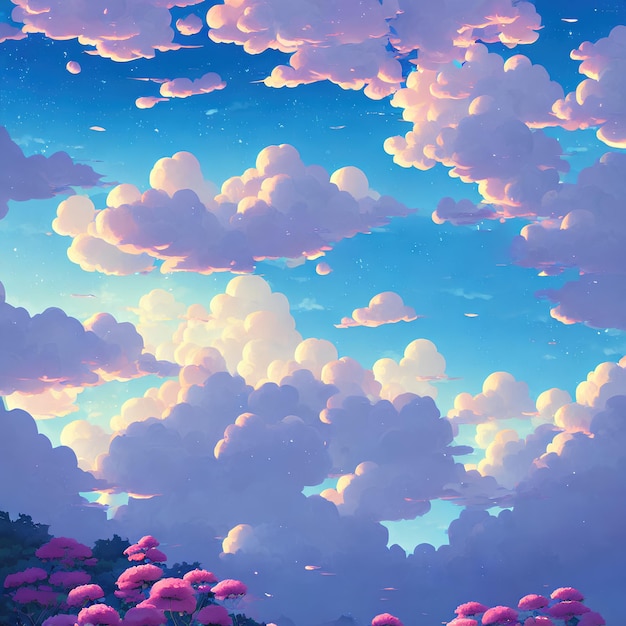 Paisagem natural do anime com céu brilhante e cores suculentas