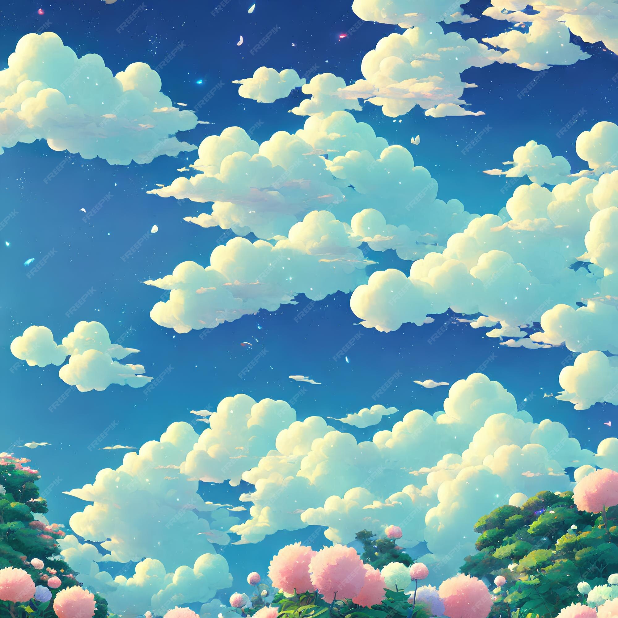 Paisagem natural do anime com céu brilhante e cores suculentas