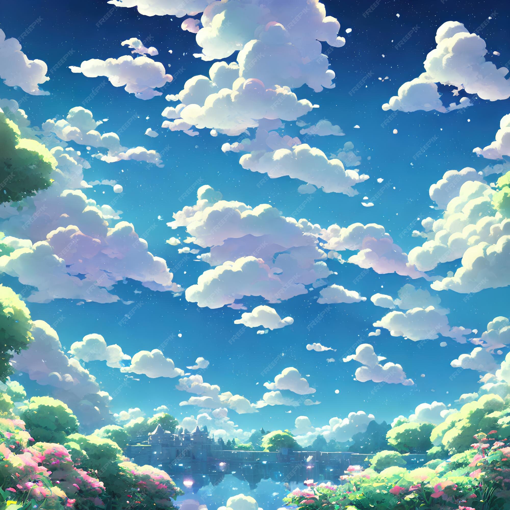 Paisagem natural do anime com céu brilhante e cores suculentas