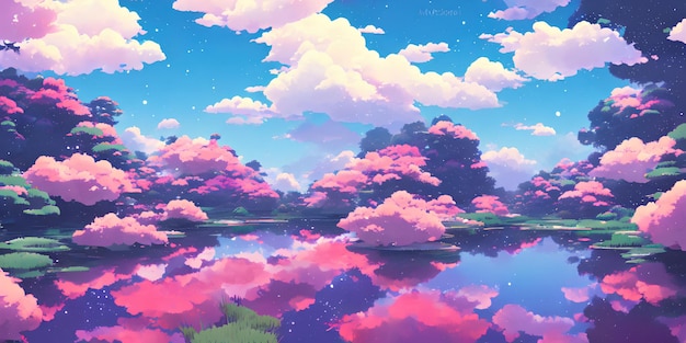 Paisagem natural do anime com céu brilhante e cores suculentas