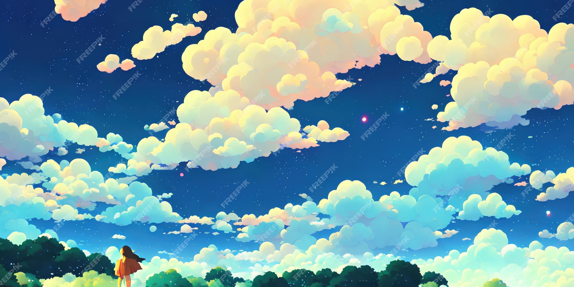 Paisagem natural do anime com céu brilhante e cores suculentas