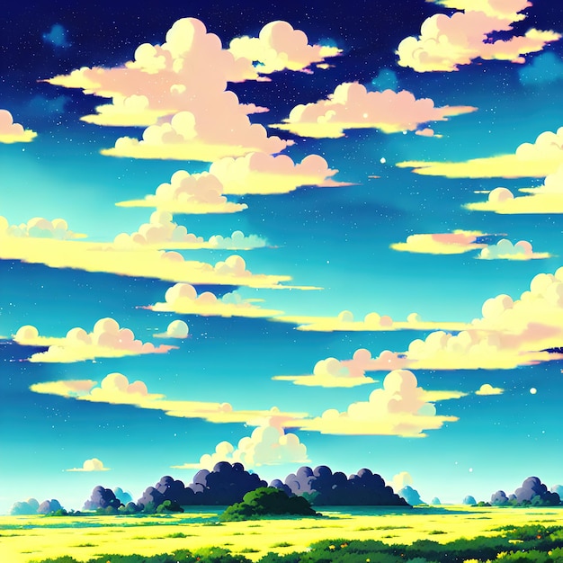 Paisagem natural do anime com céu brilhante e cores suculentas