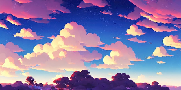 Paisagem natural do anime com céu brilhante e cores suculentas