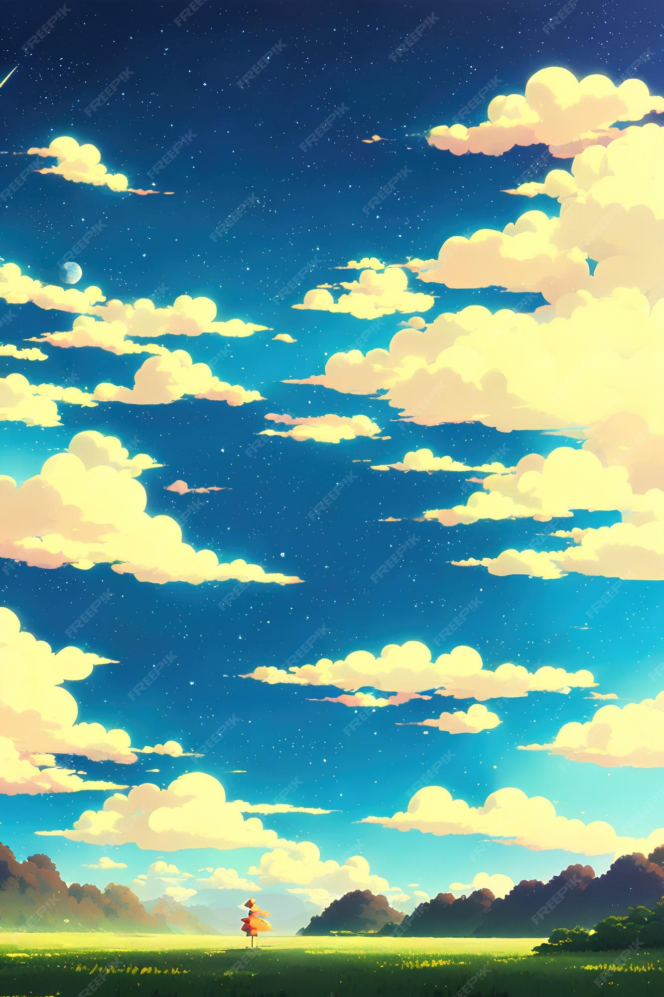 Paisagem natural do anime com céu brilhante e cores suculentas