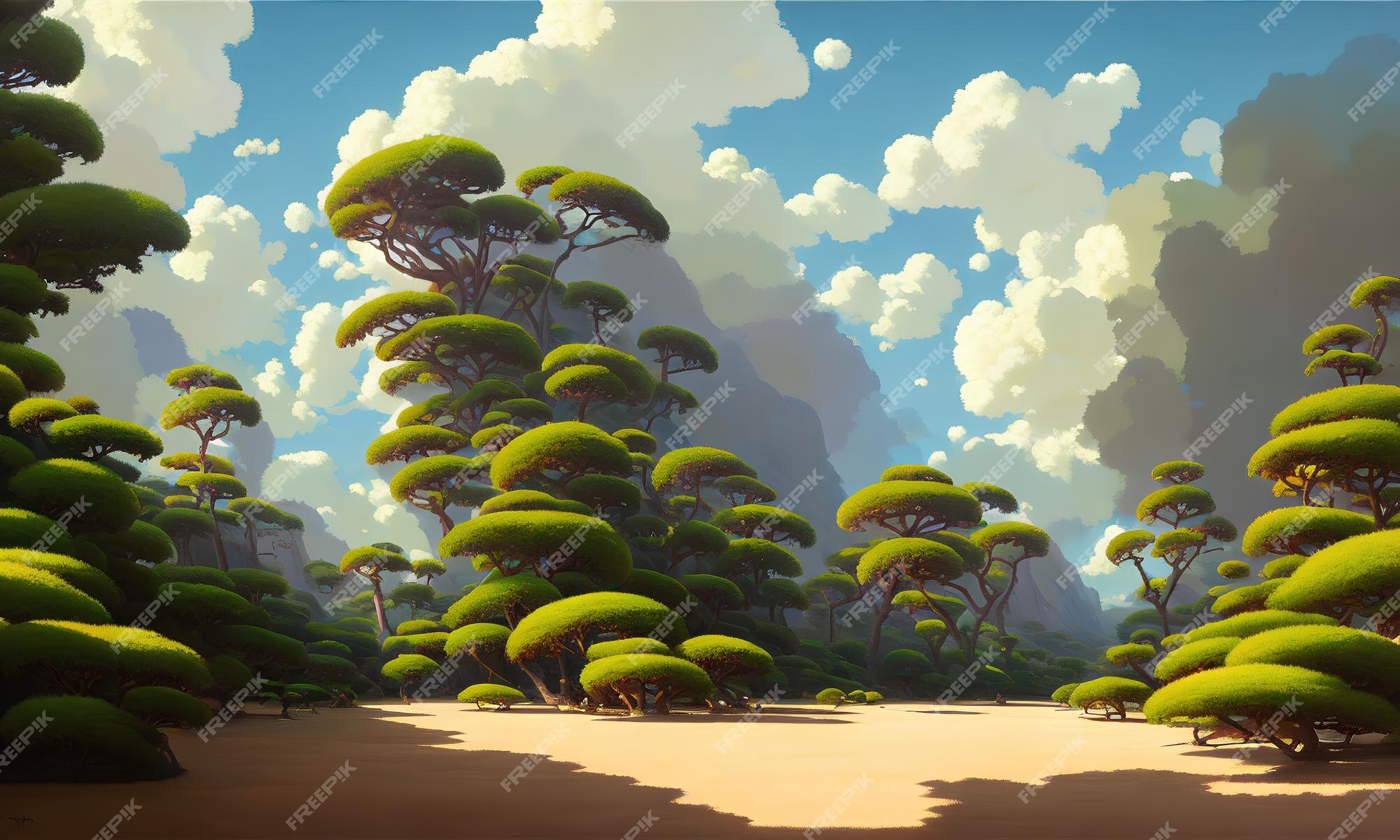 Paisagem natural do anime com céu brilhante e cores suculentas