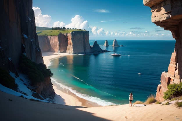 Paisagem natural do penhasco e da montanha pelo fundo do papel de parede do mar com vista para a visão distante