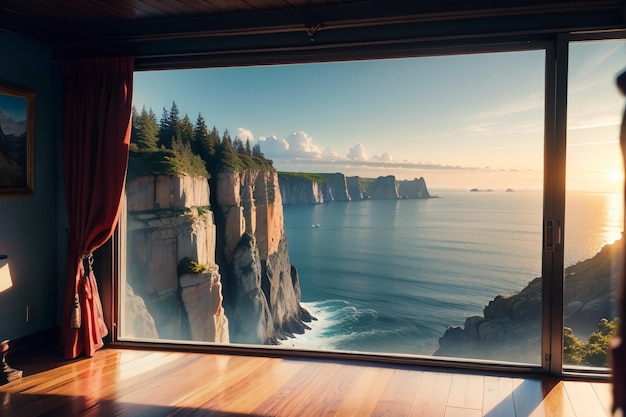 Paisagem natural do penhasco e da montanha pelo fundo do papel de parede do mar com vista para a visão distante