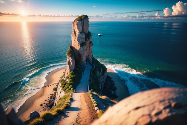 Paisagem natural do penhasco e da montanha pelo fundo do papel de parede do mar com vista para a visão distante