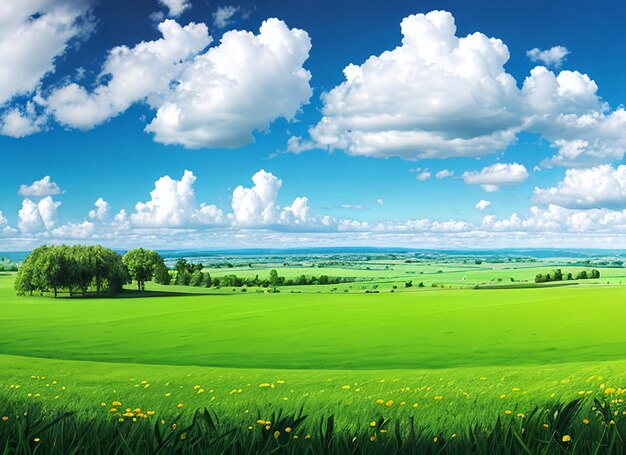 Paisagem natural panorâmica com campo de grama verde, céu azul com nuvens e montanhas ao fundo