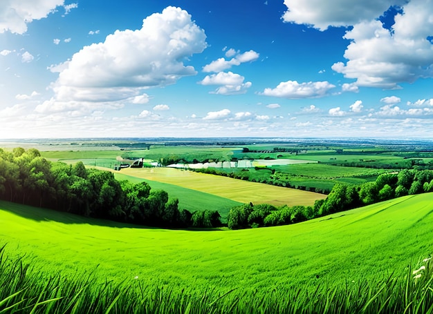 Paisagem natural panorâmica com campo de grama verde, céu azul com nuvens e montanhas ao fundo