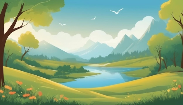 Paisagem natural vetorial com árvores de montanha e ilustração de lago