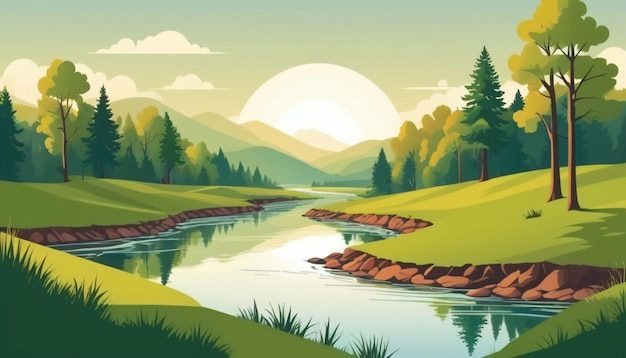 Paisagem natural vetorial com árvores de montanha e ilustração de lago