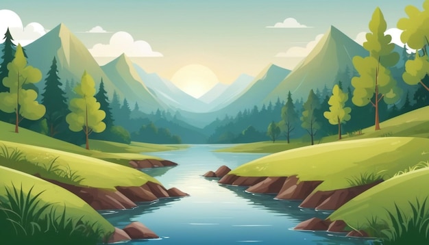 Paisagem natural vetorial com árvores de montanha e ilustração de lago