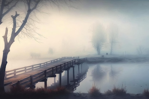 Paisagem nebulosa da ponte sobre o rio em neblina sobre o rio
