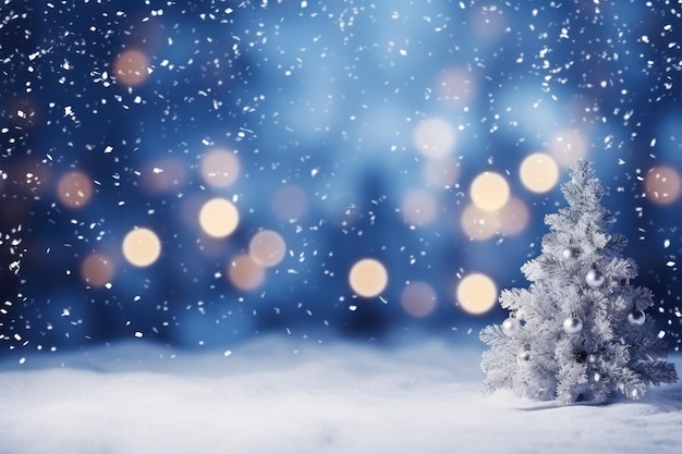 Paisagem nevada abstrata com luzes desfocadas da árvore de Natal e espaço publicitário