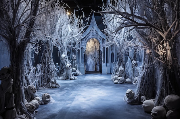 Paisagem nevada assombrada em um cenário de Halloween, pingentes de gelo, árvores assombradas e criaturas misteriosas