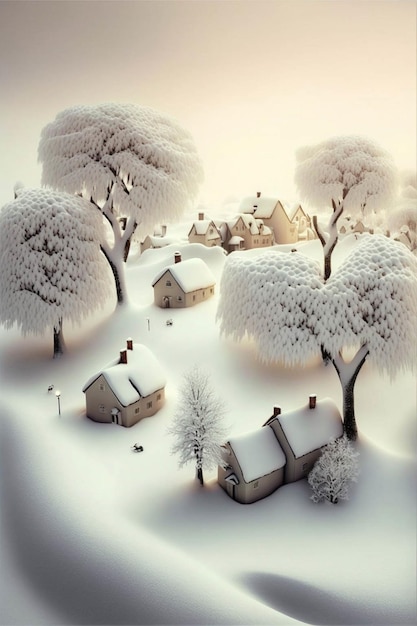 Paisagem nevada com casas e árvores cobertas de neve generativa ai