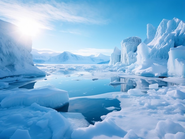 paisagem nevada com formações de gelo e um pequeno corpo de água gerador ai