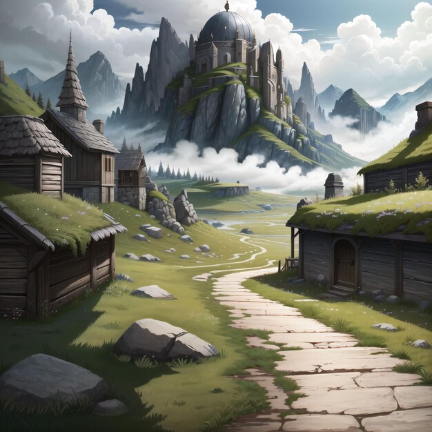Foto paisagem nórdica com casas e montanhas
