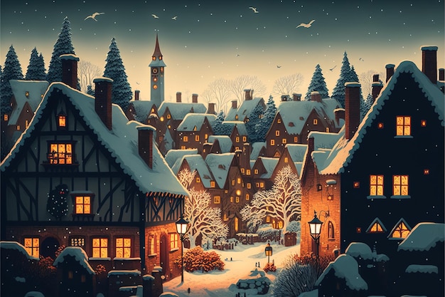 Paisagem nórdica do inverno com ilustração de Natal de casas fofas para crianças e gene de contos de fadas