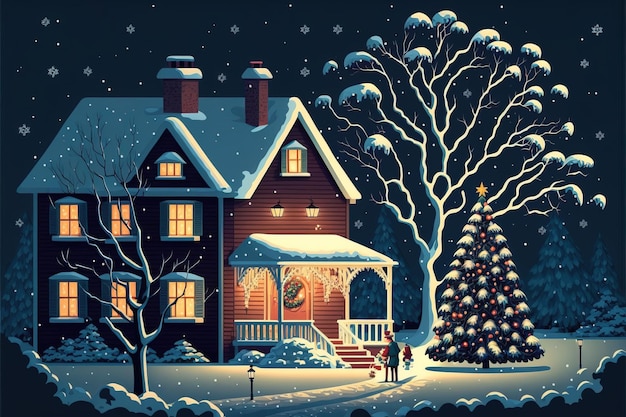 Paisagem nórdica do inverno com ilustração de Natal de casas fofas para crianças e gene de contos de fadas