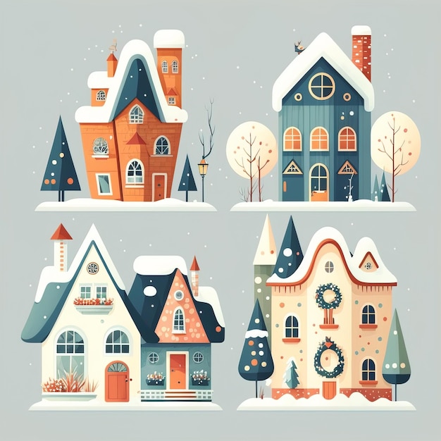 Paisagem nórdica do inverno com ilustração de Natal de casas fofas para crianças e gene de contos de fadas