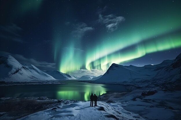 Foto paisagem norueguesa com aurora boreal dois caminhantes