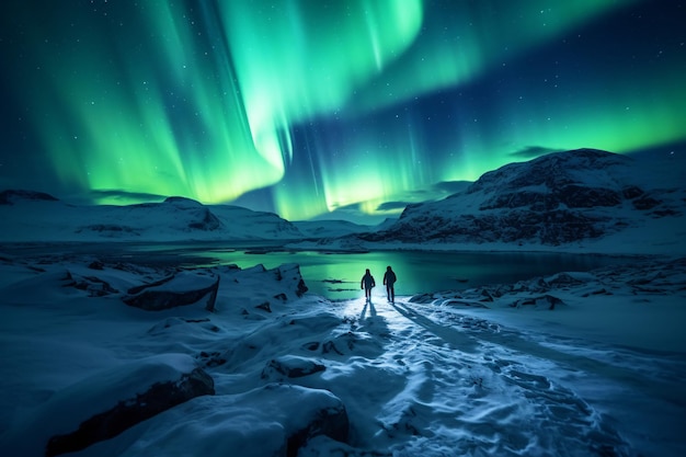 Foto paisagem norueguesa com aurora boreal dois caminhantes