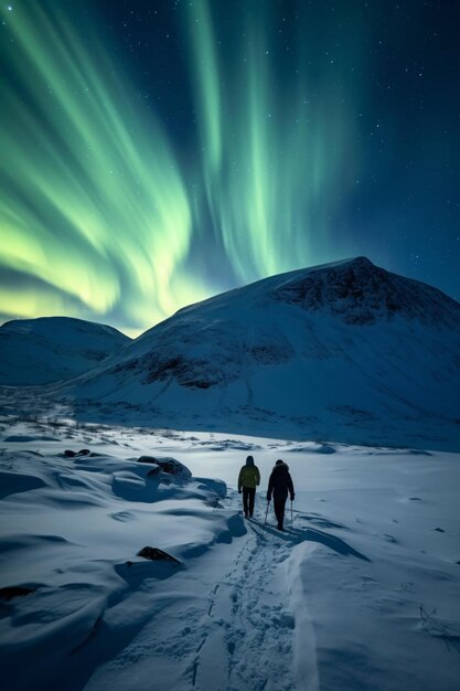 Foto paisagem norueguesa com aurora boreal dois caminhantes