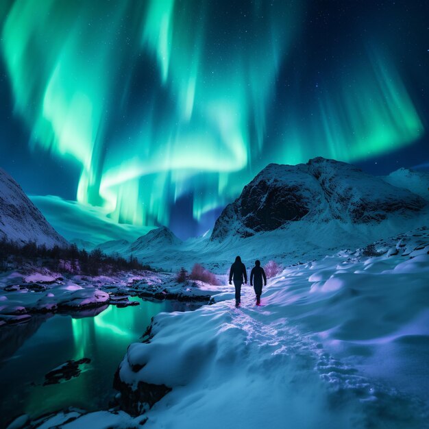 Foto paisagem norueguesa com aurora boreal dois caminhantes