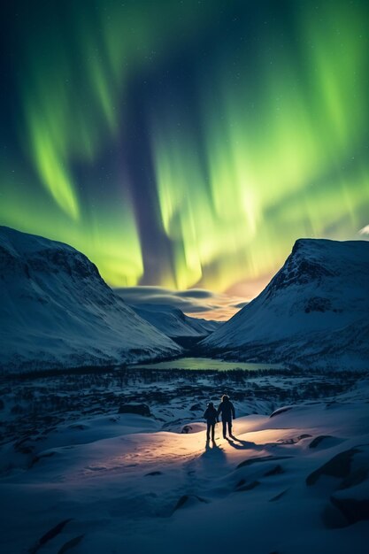 Foto paisagem norueguesa com aurora boreal dois caminhantes