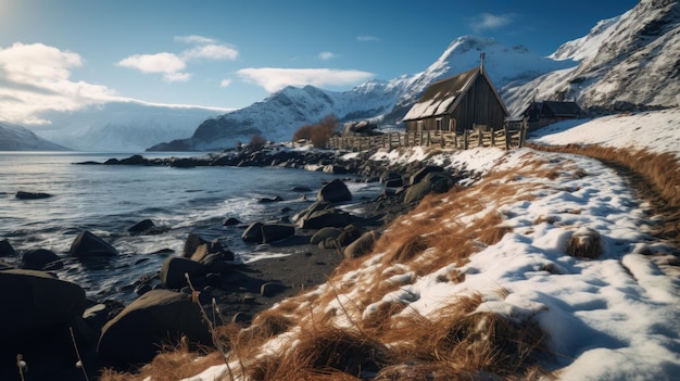 Foto paisagem norueguesa com velhos celeiros de sequóias na costa marítima