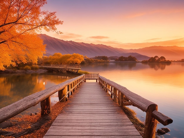 Foto paisagem notável do colorido lago wanaka de outono com nascer do sol na imagem fresca da manhã ai