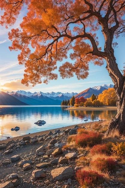 Paisagem notável do colorido lago Wanaka de outono com o nascer do sol na imagem fresca da manhã