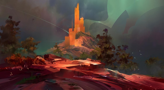 Paisagem noturna brilhante colorida pintada com uma floresta e um castelo