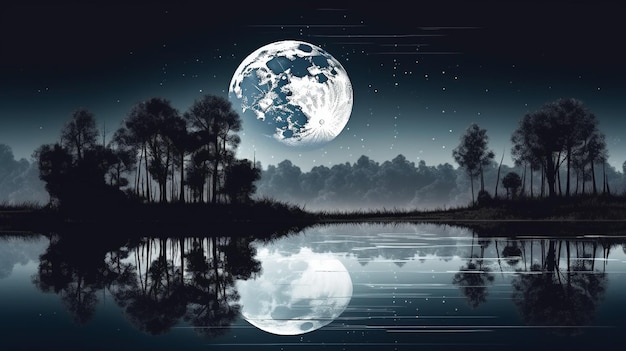 Paisagem noturna com lago e árvores na lua cheia lightgenerative ai