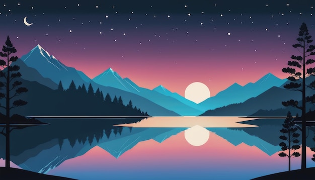 Paisagem noturna com montanhas e árvores do lago