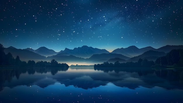 Paisagem noturna com montanhas e lago Ilustração vetorial