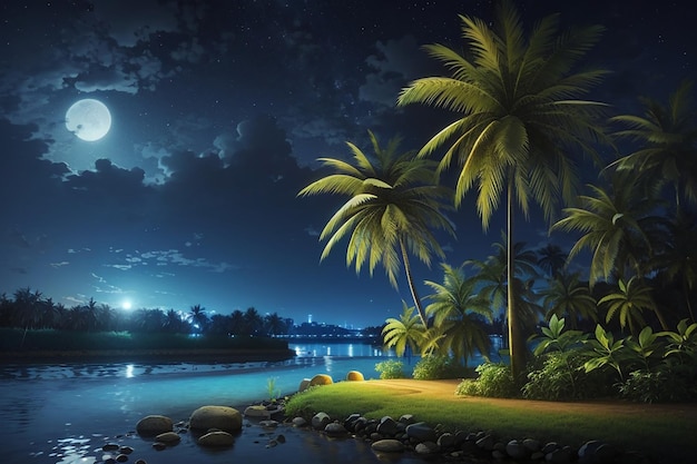 Paisagem noturna com rio e coco