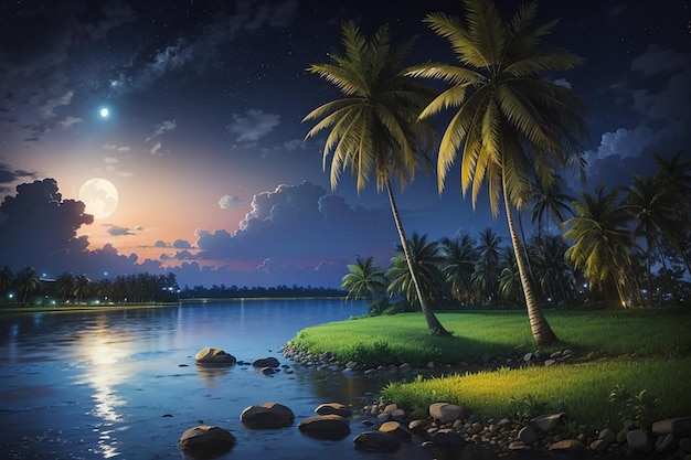 Paisagem noturna com rio e coco