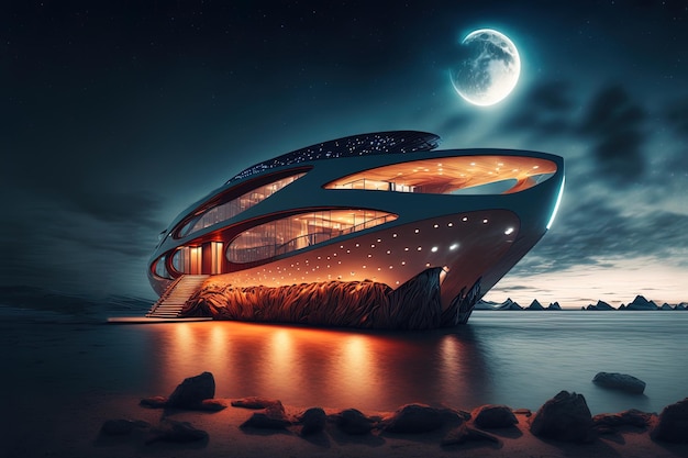 Foto paisagem noturna com um iate futurista grande iate moderno visão noturna grande lua ai