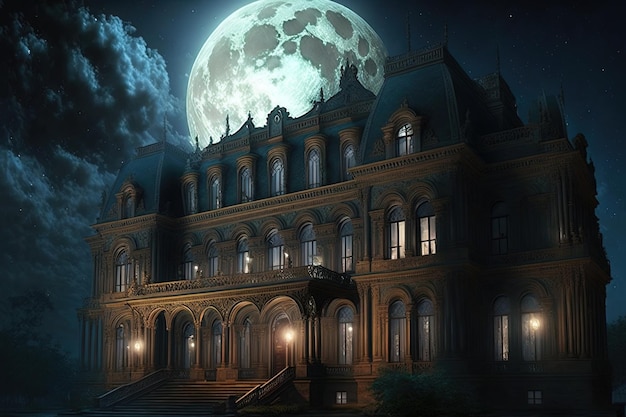 Foto paisagem noturna com um palácio luz de néon da lua grande arquitetura antiga ai